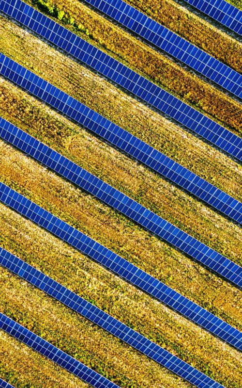Vibrant aerial shot of solar panels in a field, showcasing renewable energy in Red Wing, MN.